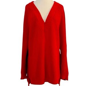 Express Oversized Red V Neck Long Sleeve Pullover Sweater Arm Stripes Size SP